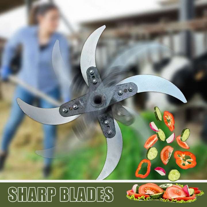 Close-up of the sharp four-blade grass shredder attachment in motion