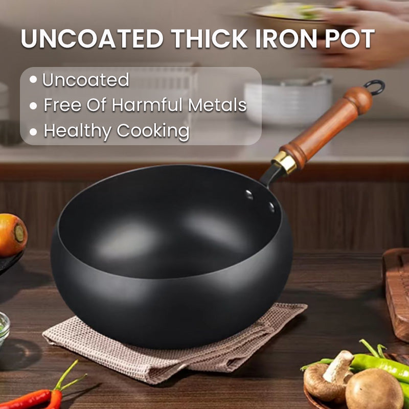 Uncoated thick iron pot with wooden handle for healthy cooking