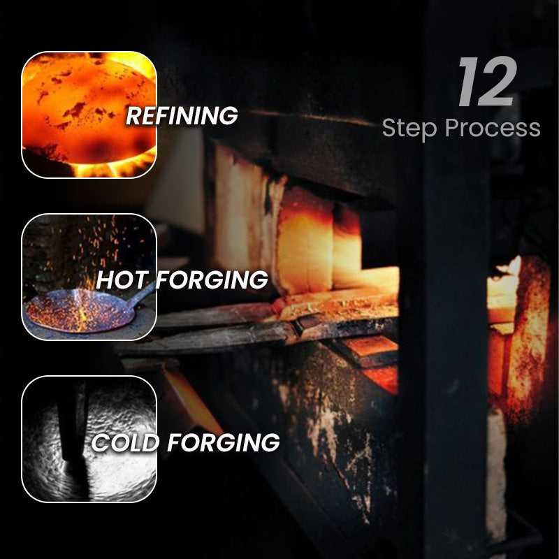 12-step manufacturing process showing refining and forging of the pot