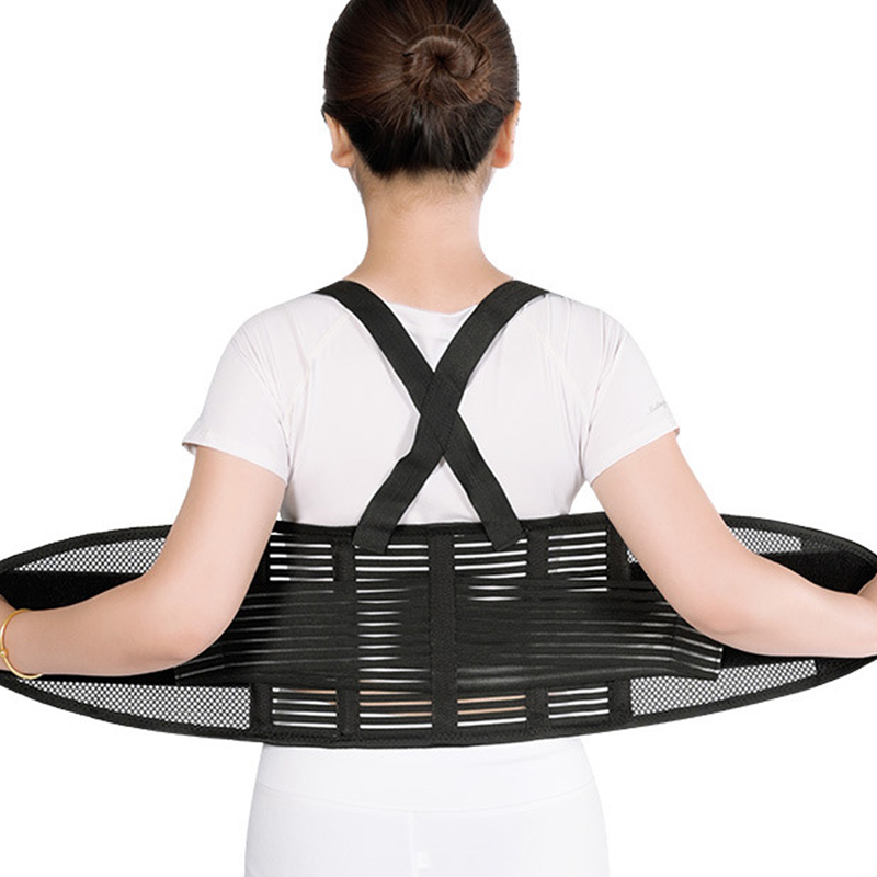 Flexible ergonomic lumbar belt worn by model for daily back pain relief