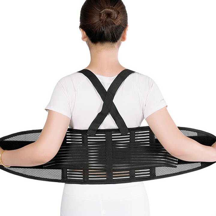 Flexible ergonomic lumbar belt worn by model for daily back pain relief