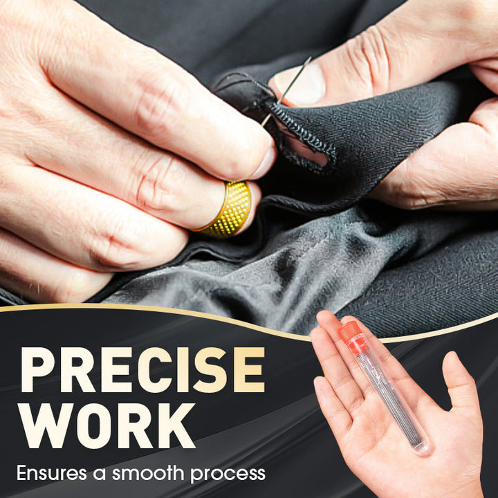 Person using a thimble and needle for precise hand sewing repair on dark fabric