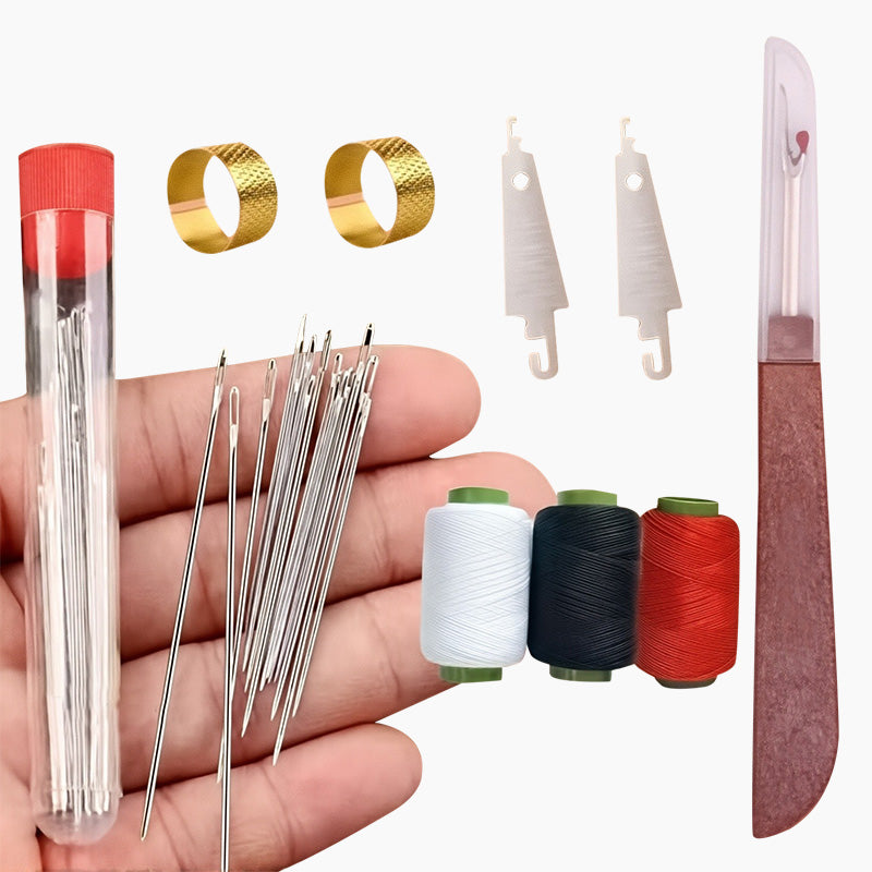 Complete 37-piece sewing tool set with needles, thread spools, thimbles, and threaders