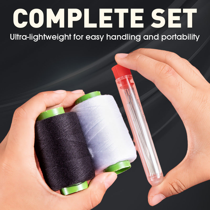 Hands holding thread spools and a transparent needle storage case for portability