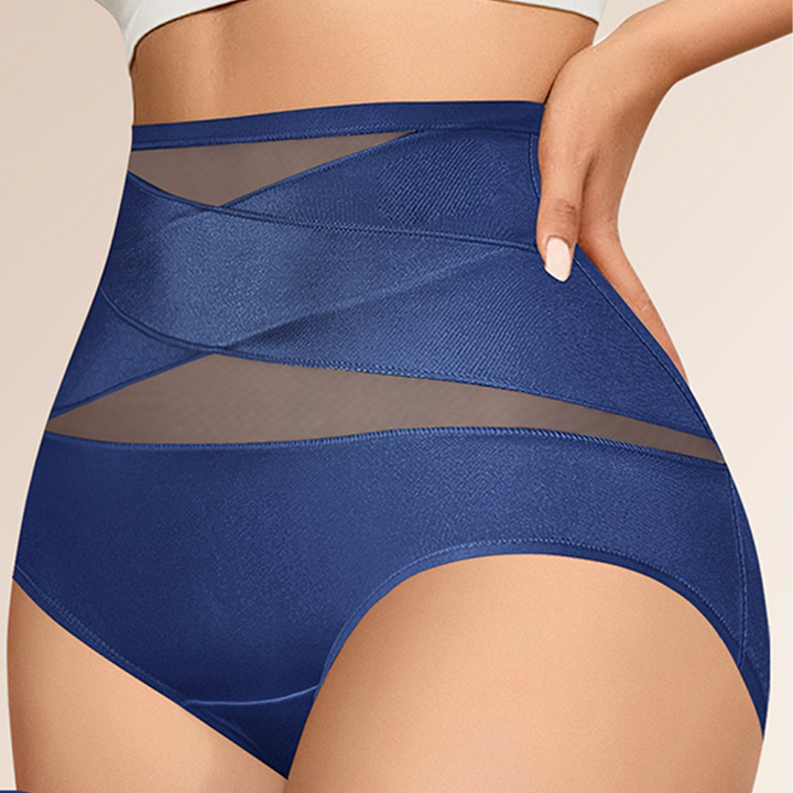 Side profile of model wearing high-waisted tummy control underwear