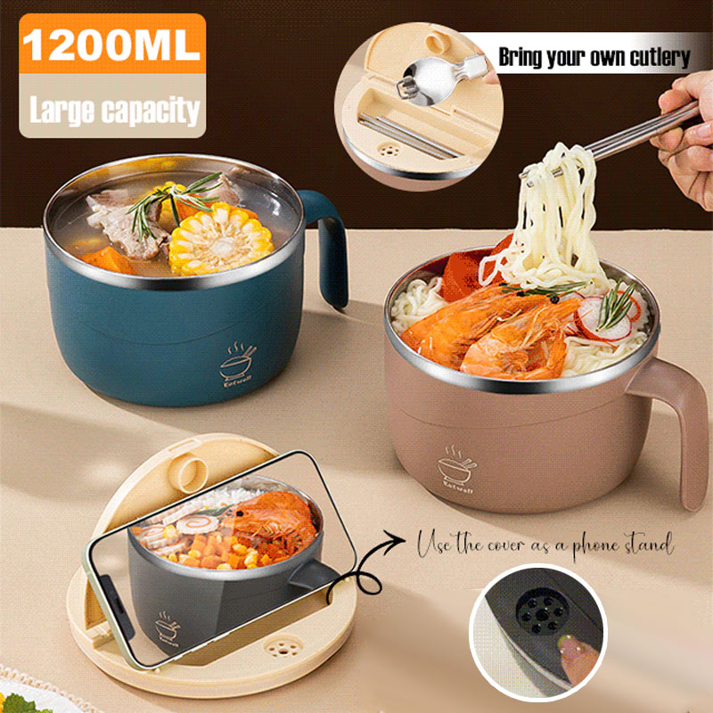 Stainless steel insulated instant noodle bowl with phone stand lid and spoon