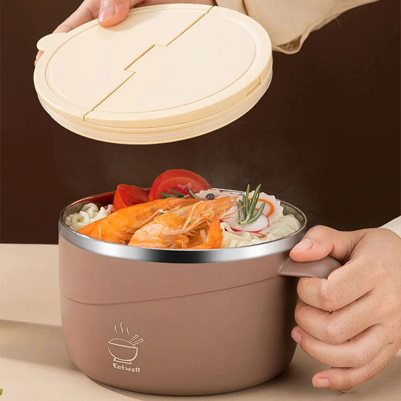 Person opening the lid of a brown stainless steel noodle bowl