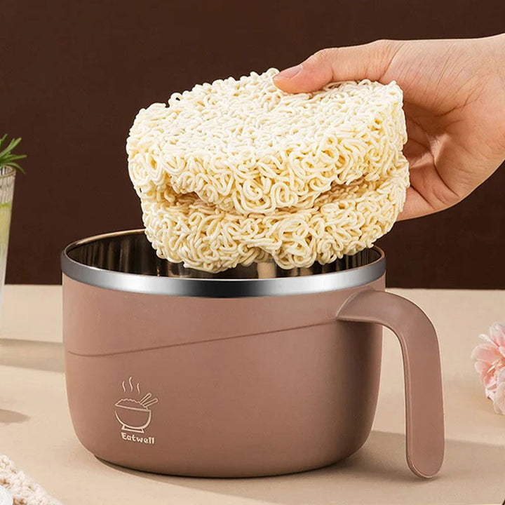 Holding instant noodles over a large capacity stainless steel bowl