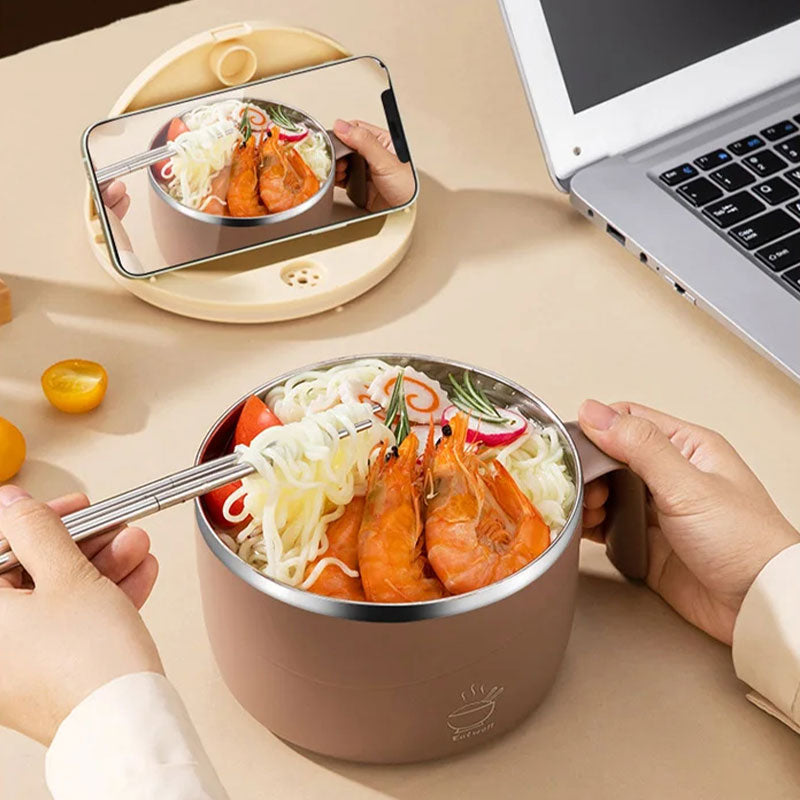 Stainless steel insulated noodle bowl with lid, front angle view