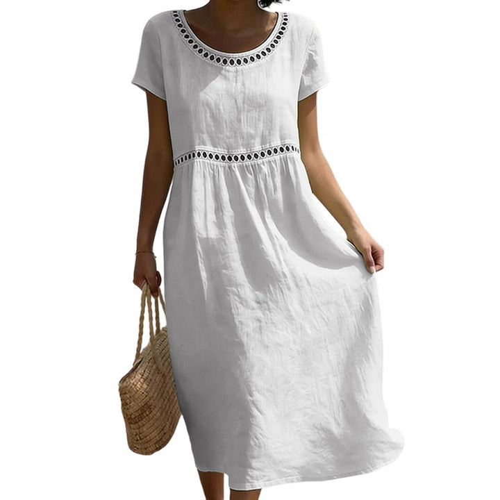 Women's elegant midi dress in short sleeve style, front full view for summer fashion