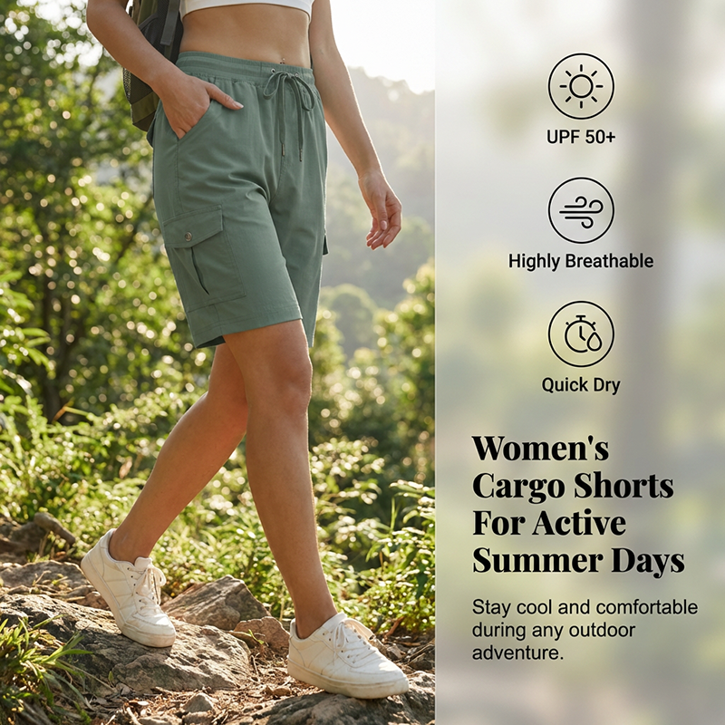 Front view of lightweight hiking cargo shorts for women featuring multiple utility pockets