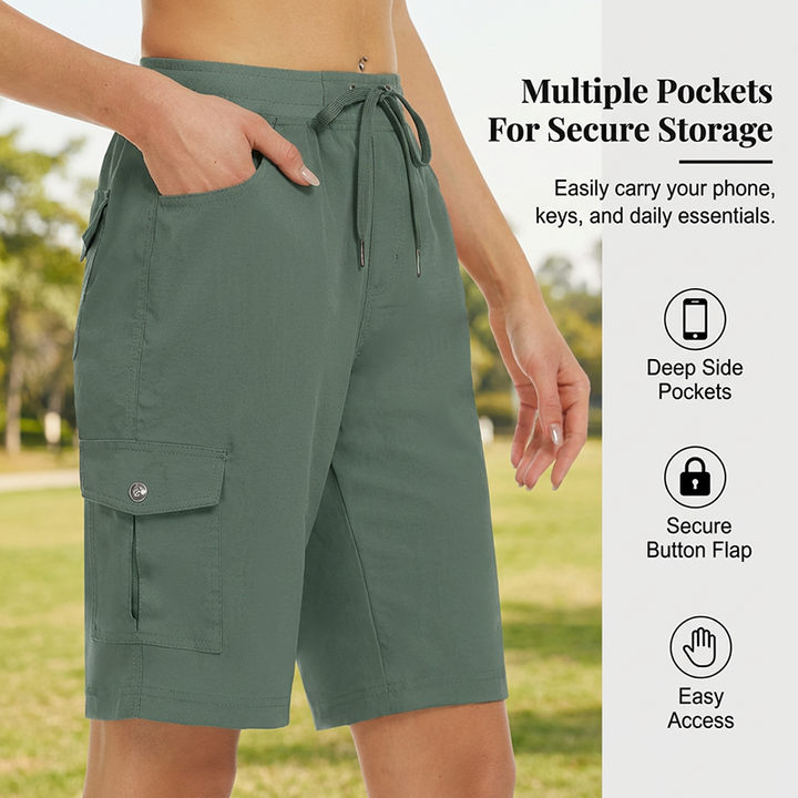 Back view of womens quick-dry outdoor shorts showing waist fit and back pocket details