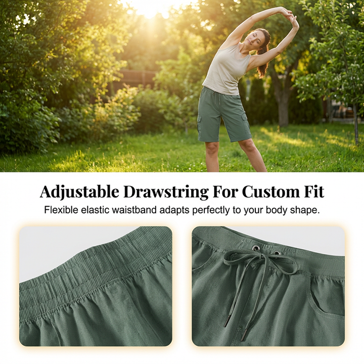 Close-up shot of deep side cargo pocket on womens hiking and adventure shorts