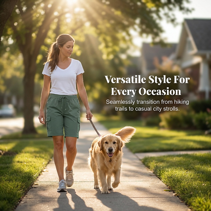 Model wearing black womens quick-dry cargo shorts during hiking trail activity