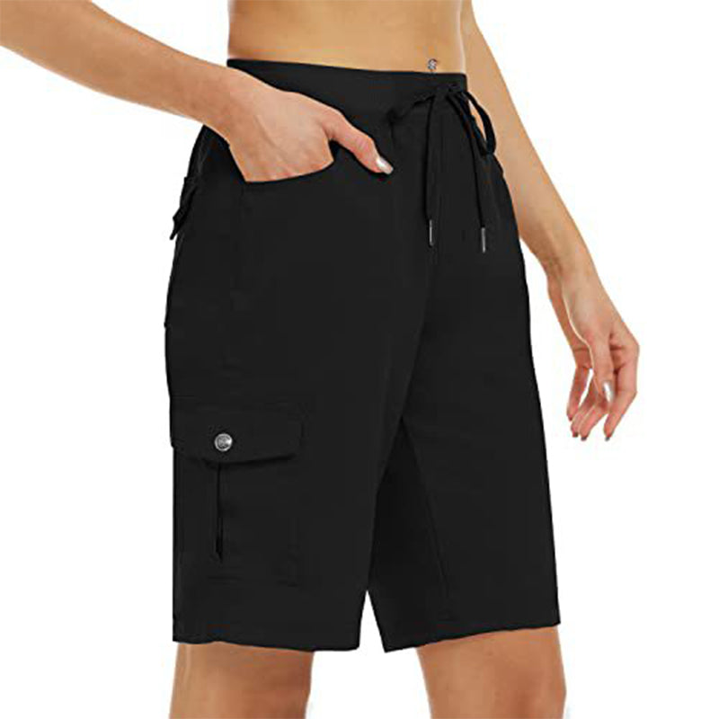 Womens quick-dry cargo shorts in classic khaki for outdoor hiking and casual summer wear