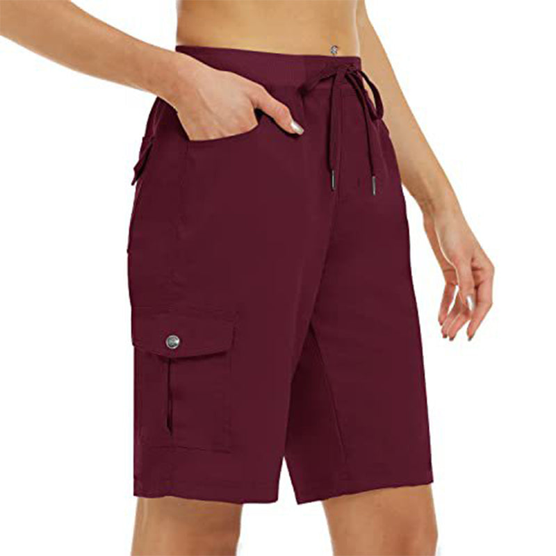 Detailed stitching and durable seam construction on womens quick-dry shorts