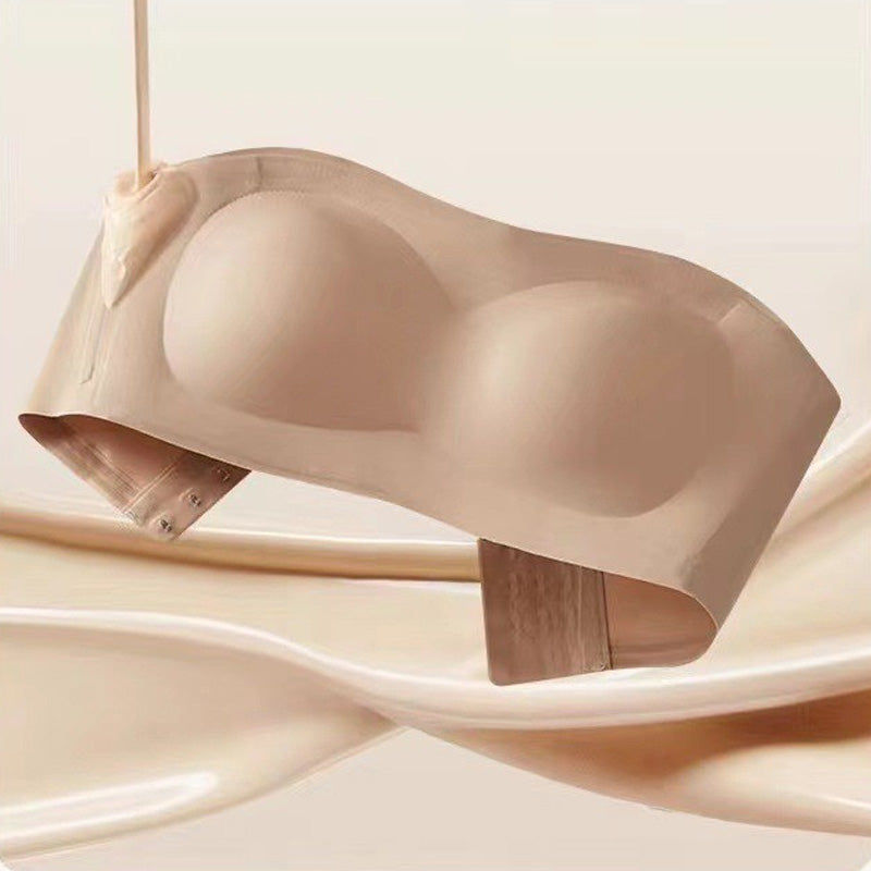 Close-up of seamless wireless bandeau bra fabric and scalloped edge