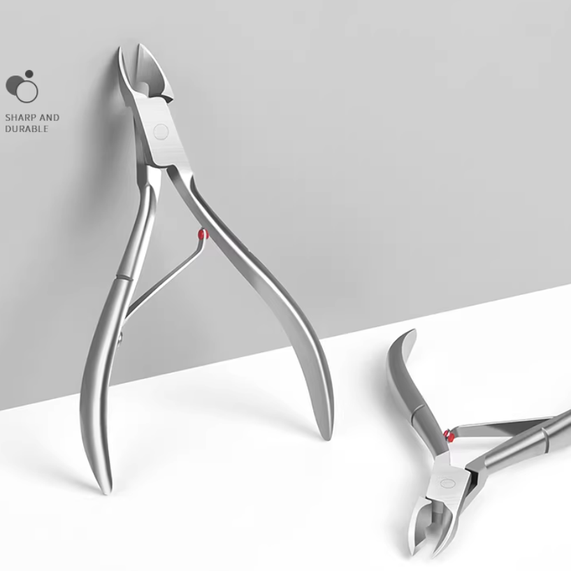Silvery stainless steel nail clippers displayed vertically and horizontally