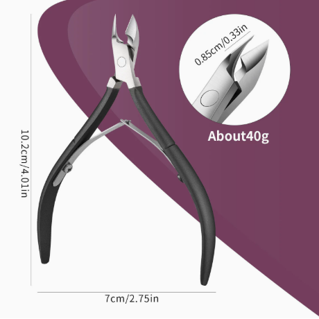 Black angled stainless steel nail clippers with dimensional measurements