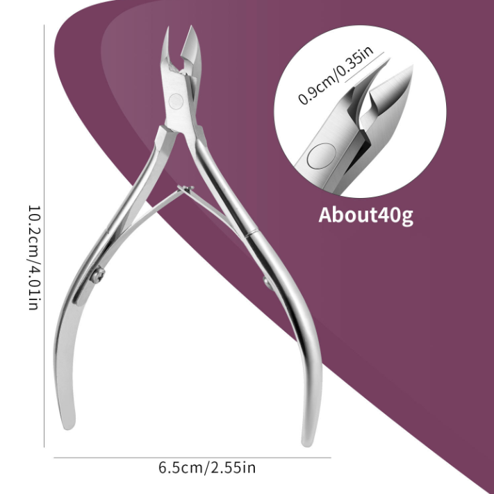 Professional angled stainless steel nail clippers for thick nails, closeup view