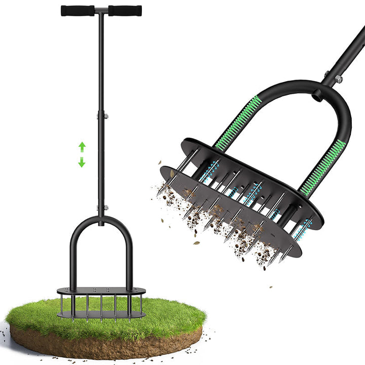 Manual lawn coring aerator with carbon steel tines and spring ejection