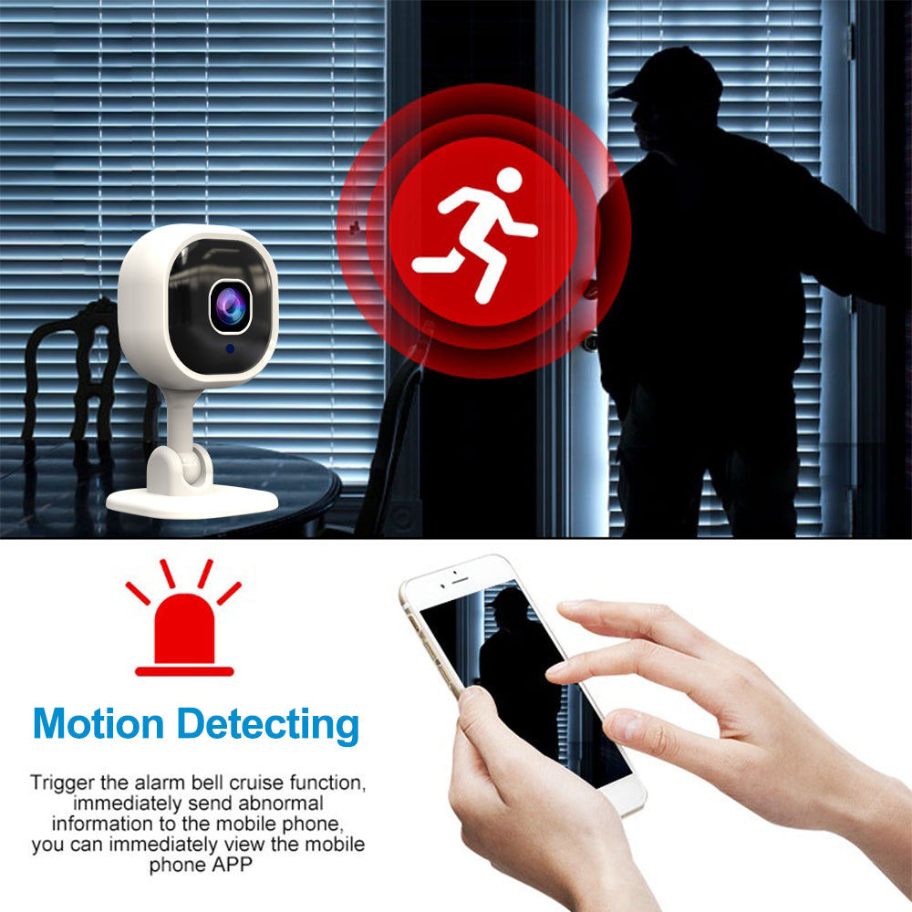 Smart security camera demonstrating motion detection alerts on a mobile phone