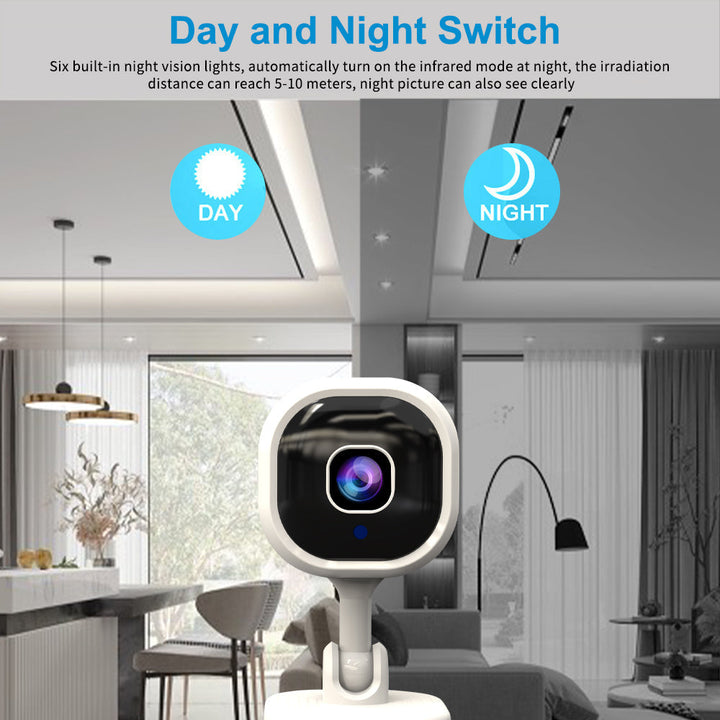 Security camera illustrating day and night vision capabilities in a living room