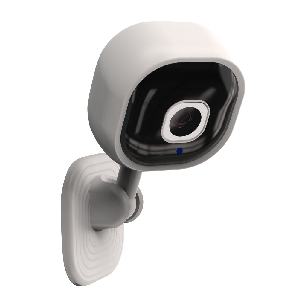 Compact smart HD camera angled to display speaker grill and sleek wireless housing