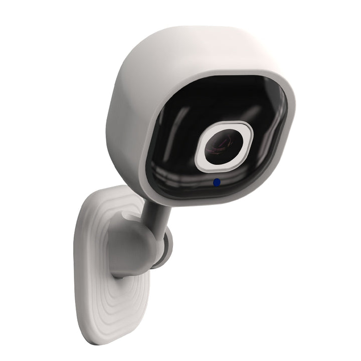 Compact smart HD camera angled to display speaker grill and sleek wireless housing