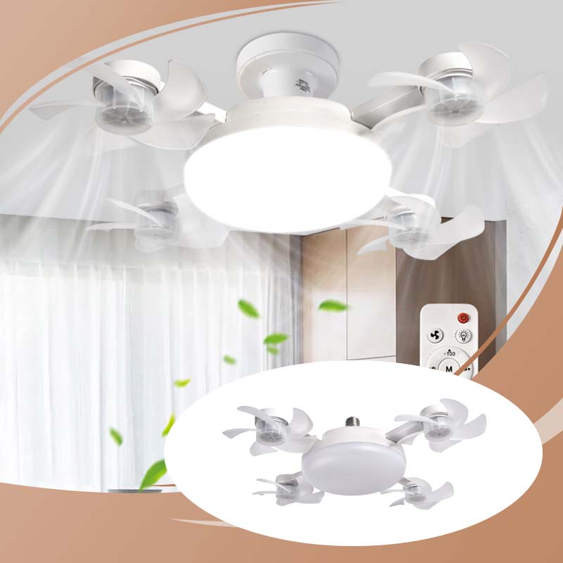 Modern ceiling fan with unfolded blades and remote control in a bright room