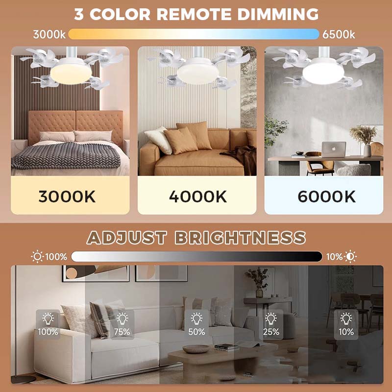 Modern LED ceiling fan light with retractable blades operating in a contemporary living room