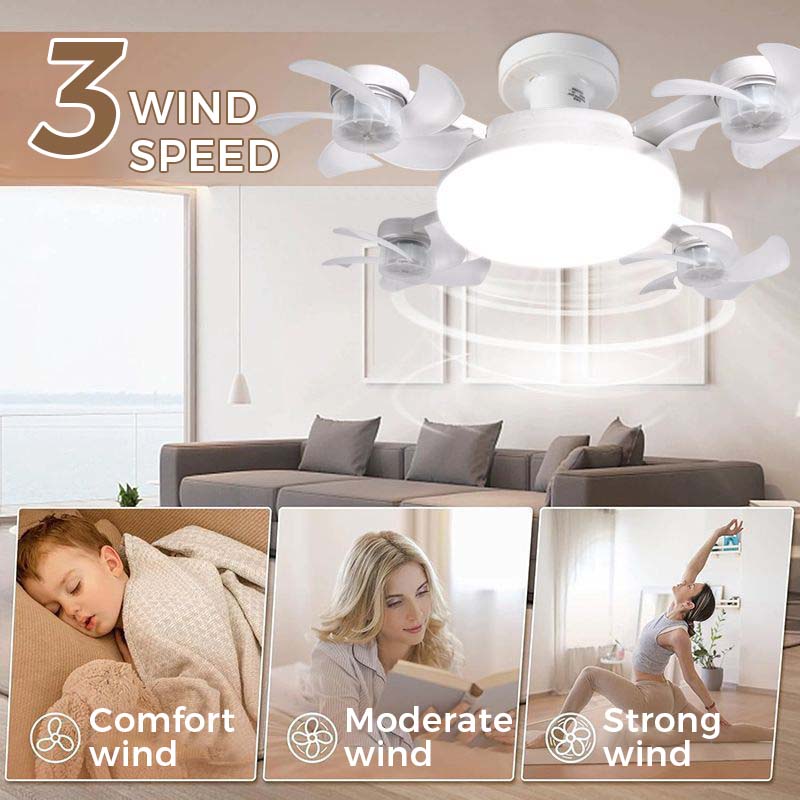 LED ceiling fan light showing 3 wind speed settings and comfortable living room setup