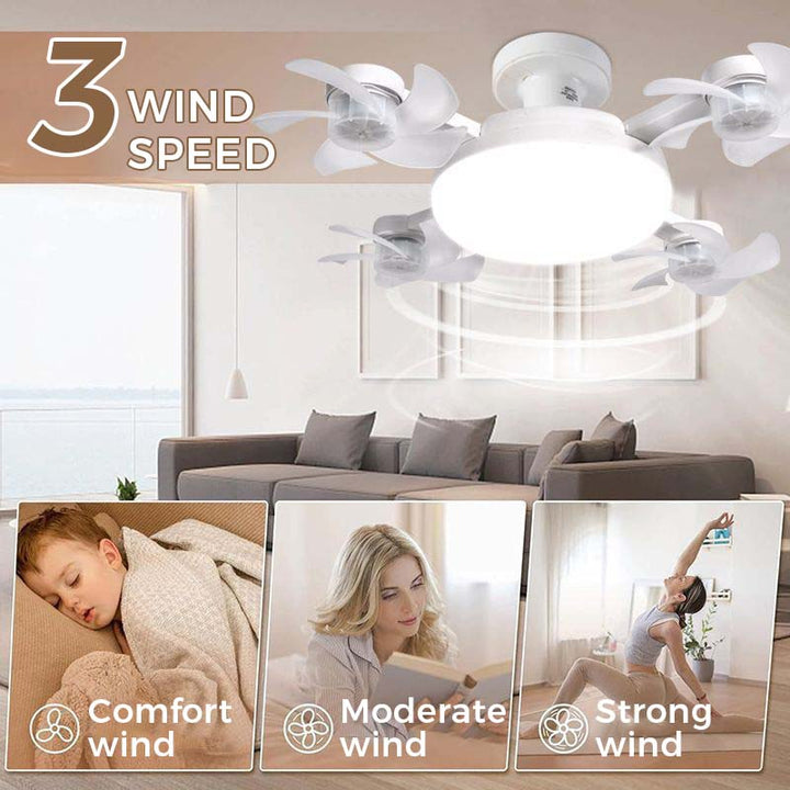 LED ceiling fan light showing 3 wind speed settings and comfortable living room setup