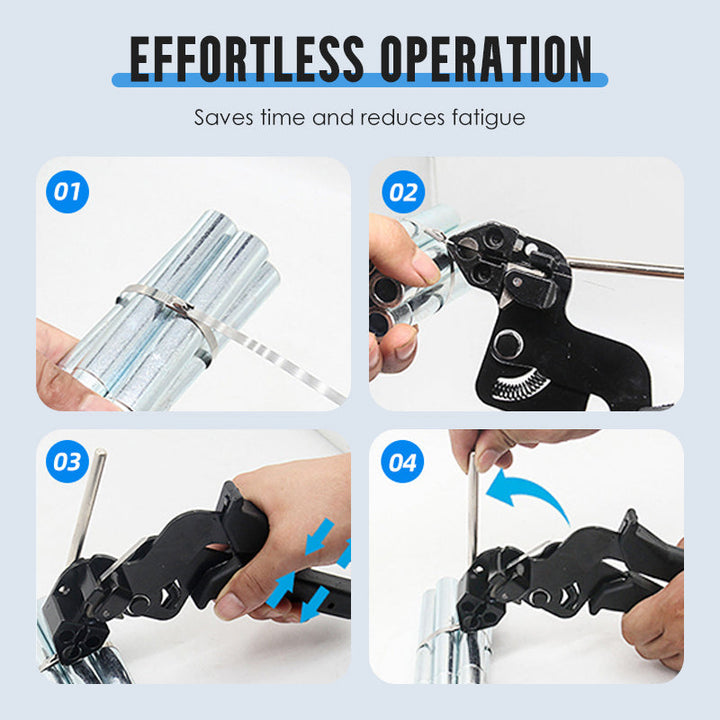 Stainless steel tie tensioner tool mechanism for secure cable management