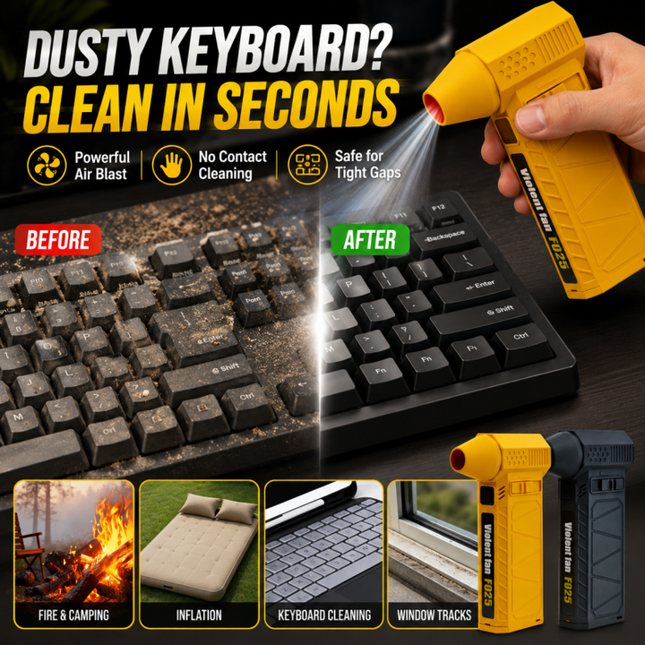 Demonstration of portable turbo blower cleaning a dusty computer keyboard