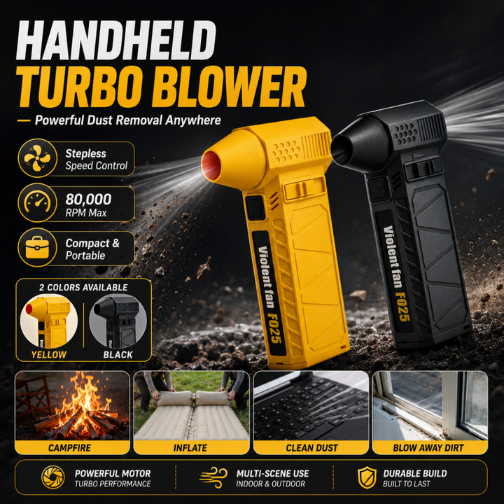 Black and yellow handheld turbo blowers with cleaning accessories