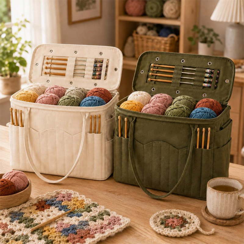 Unisex portable yarn storage bag with front needle pockets and handle