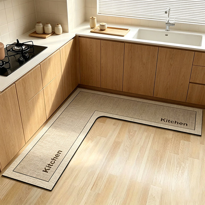 L-shaped quick-dry kitchen mat in neutral tone, non-slip absorbent floor rug