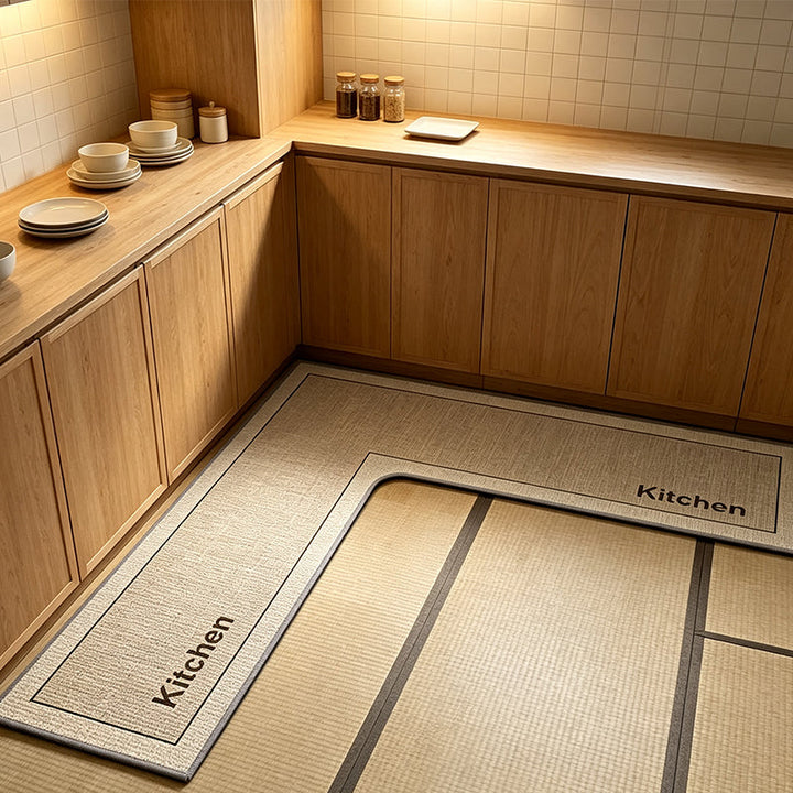 Modern L-shaped kitchen accessories mat protecting floor, non-slip rug