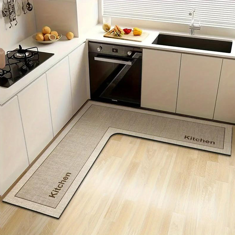 Angle view of L-shaped absorbent kitchen mat, stylish and functional flooring