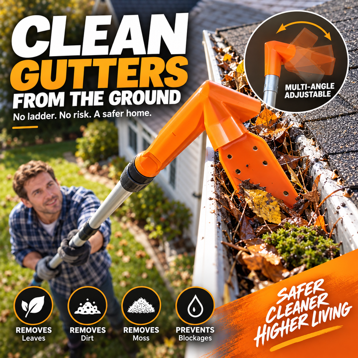 Man using the orange gutter cleaning tool with an extension pole from ground level