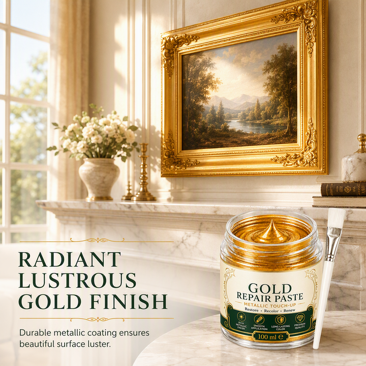 Gold metallic refinishing repair paste tube with precision brush for DIY craft supplies