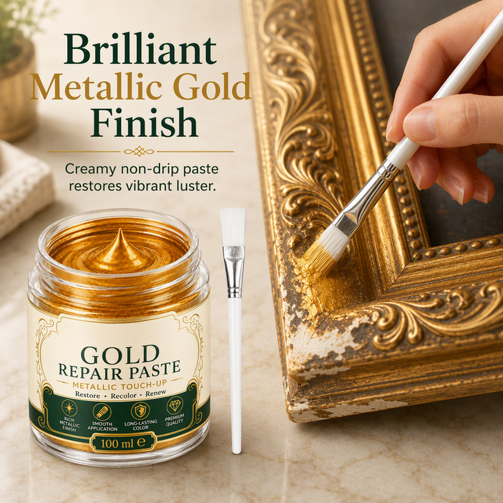 Detailed view of gold metallic paste restoring a decorative frame