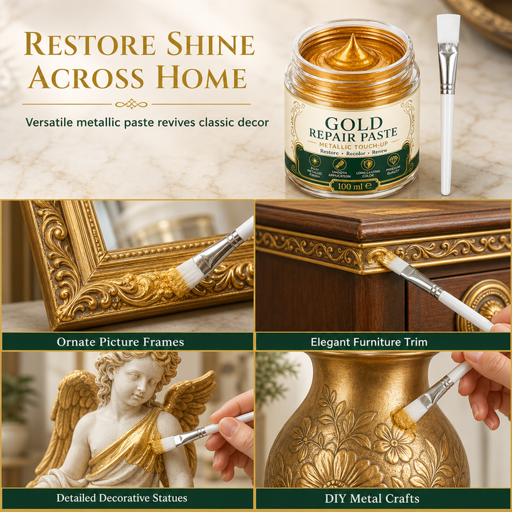 Applying gold finish paste with brush for frame restoration and antique repair