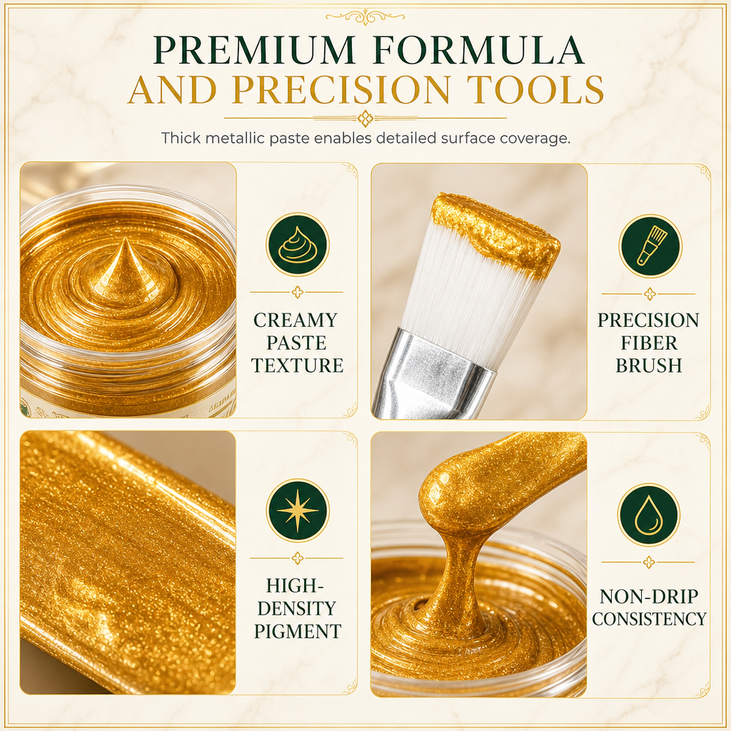 Close up of gold touch up paint cream texture on home decor repair surface