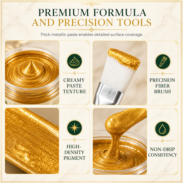 Close up of gold touch up paint cream texture on home decor repair surface