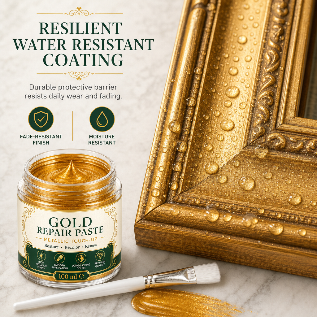 Shiny gold metallic refinishing paste showing reflective finish on ceramic object