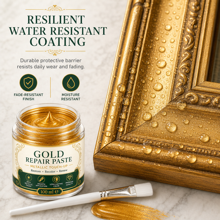 Shiny gold metallic refinishing paste showing reflective finish on ceramic object