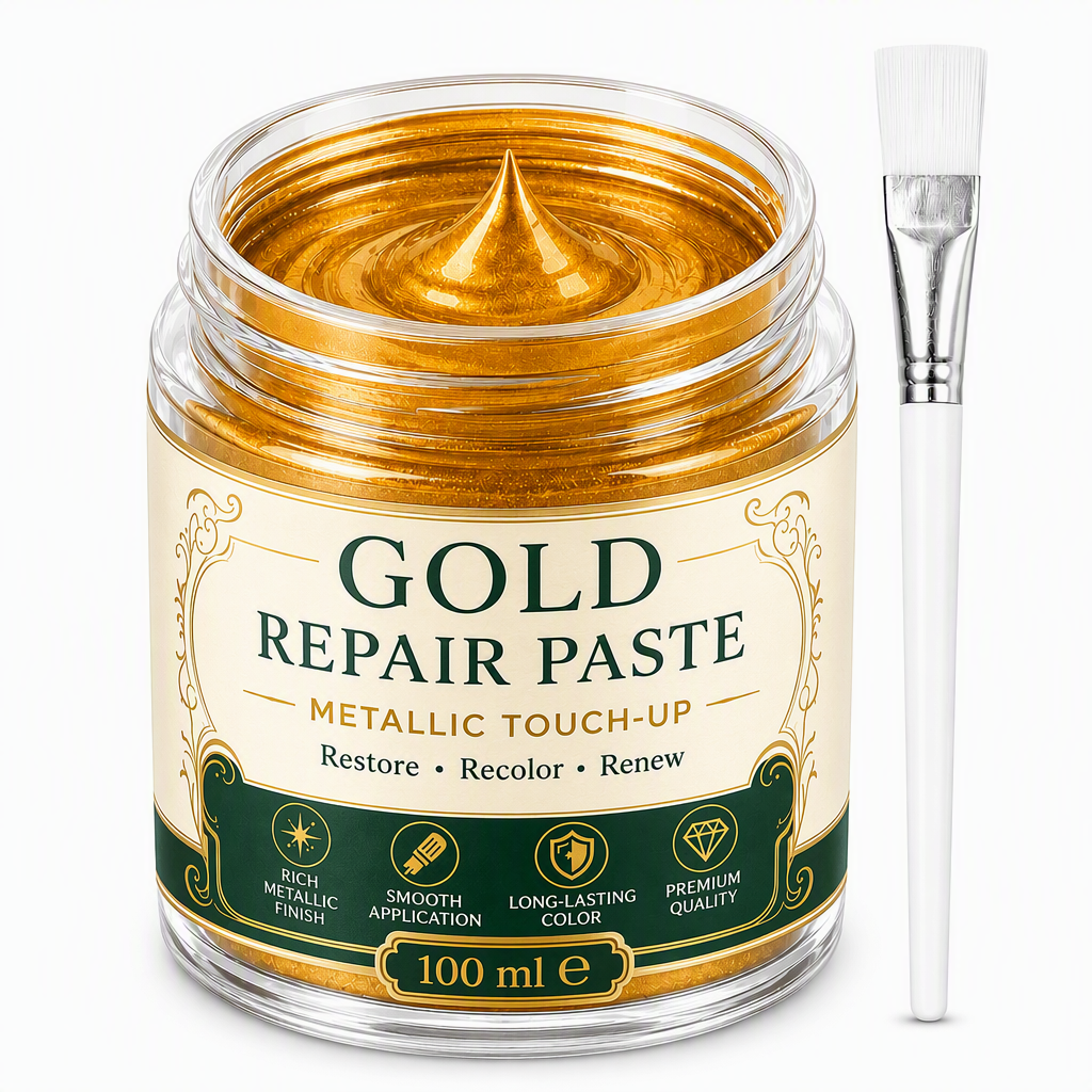 Gold Metallic Refinishing Repair Paste jar and brush closeup
