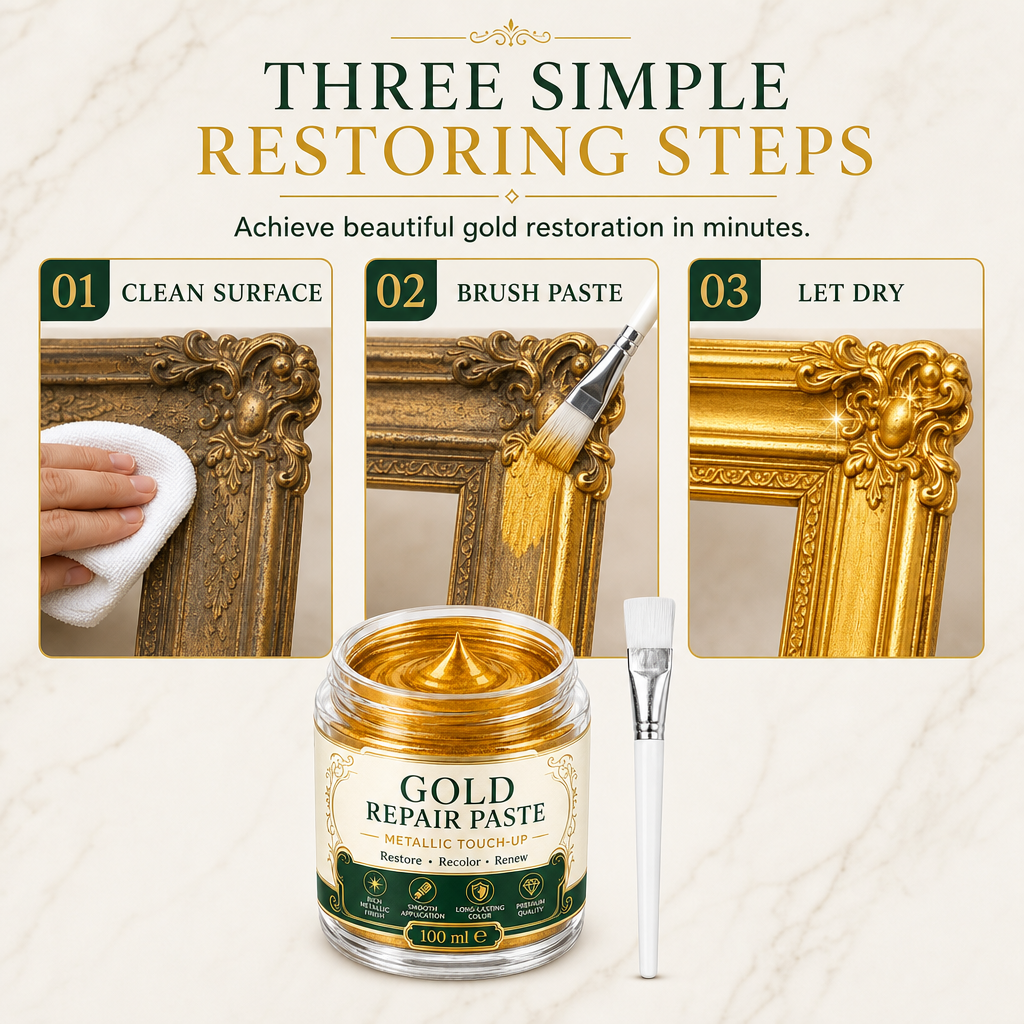 Tube of gold metallic refinishing repair paste next to fine tip application brush